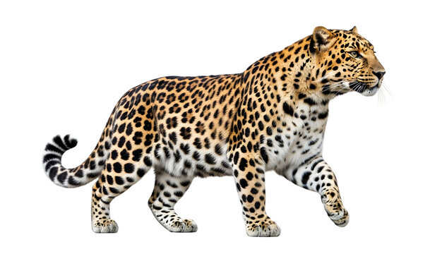 A majestic Persian leopard walking, isolated on white background.