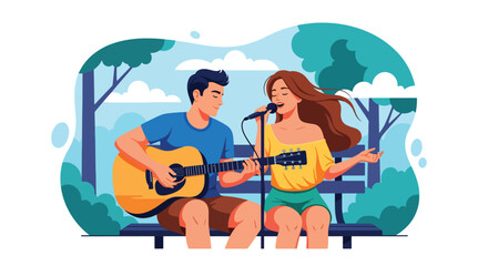 Flat style illustration of a couple sitting on a park bench, with the man playing guitar and the woman singing, symbolizing romance, relaxation, music, and joyful outdoor moments