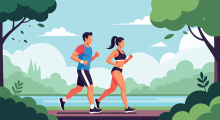 Flat style illustration of a couple jogging together in a park near a lake river, symbolizing fitness, healthy lifestyle, outdoor exercise, and active leisure in nature