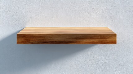Minimalist empty wooden floating shelf on a textured white wall for product display.