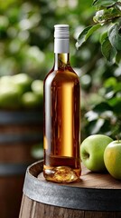 Obraz premium A bottle of apple juice sits perfectly on a wooden barrel, while fresh green apples lie nearby in a picturesque orchard.