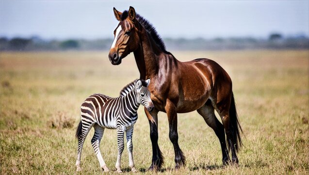 Chestnut Horse Standing Beside Zebra Foal in Sunlit Savanna Close Companionship Savanna Wildlife Scene