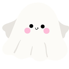 A cartoon ghost with a smile on its face. The ghost is white and has a pink nose