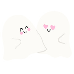Two ghosts are hugging each other and one of them has a heart on its face. Scene is cute and lighthearted