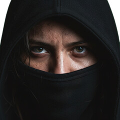 closeup portrait of hooded medieval thief isolated on transparent background