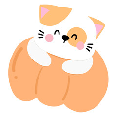 A cartoon cat is hugging a pumpkin. The cat is smiling and he is happy. The pumpkin is orange and has a pattern on it