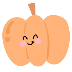 A cartoon pumpkin with a smile on its face. The pumpkin is orange and has a stem. It looks happy and friendly