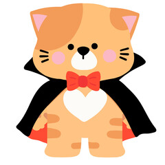 A cartoon cat in a costume with a black cape and a red bow tie. The cat has a cute and playful expression