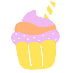A cartoon cupcake with a straw sticking out of it. The cupcake is yellow and pink with a swirl of frosting