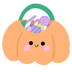 A cartoon pumpkin with a smiley face and a basket full of candy. The basket is orange and has a green handle