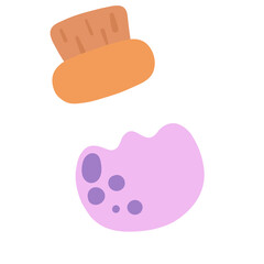 A bottle with a cork on top and a purple blob inside. The bottle is half full