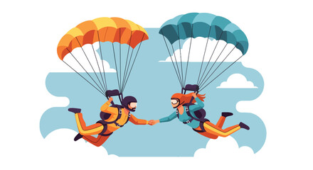 Flat style illustration of a couple skydiving with parachutes, holding hands in the sky, symbolizing adventure, extreme sports, freedom, teamwork, and exciting travel experiences