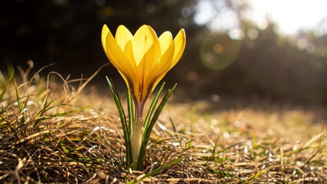Timelapse of a yellow crocus flower blooming in the sun representing spring and new beginnings
