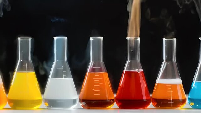 Row of Glass Beakers with Colorful Liquids and Smoke in a Science Lab Experiment