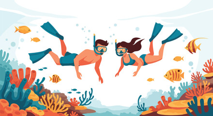 Flat style illustration of a couple snorkeling underwater among coral reefs and tropical fish, representing vacation, marine adventure, and summer leisure in a beautiful ocean environment © meeblues