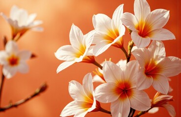 Fototapeta premium Vibrant white and yellow plumeria flowers blooming against a warm orange background