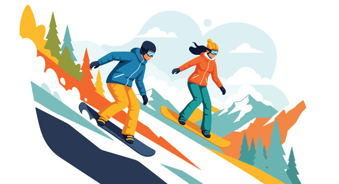 Flat style illustration of a couple snowboarding down a mountain slope, enjoying winter sports, adventure, and outdoor fun in a scenic snowy landscape with pine trees and peaks