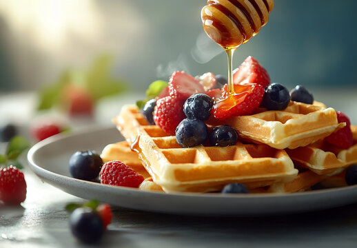 Delicious waffles topped with fresh berries and drizzled with honey