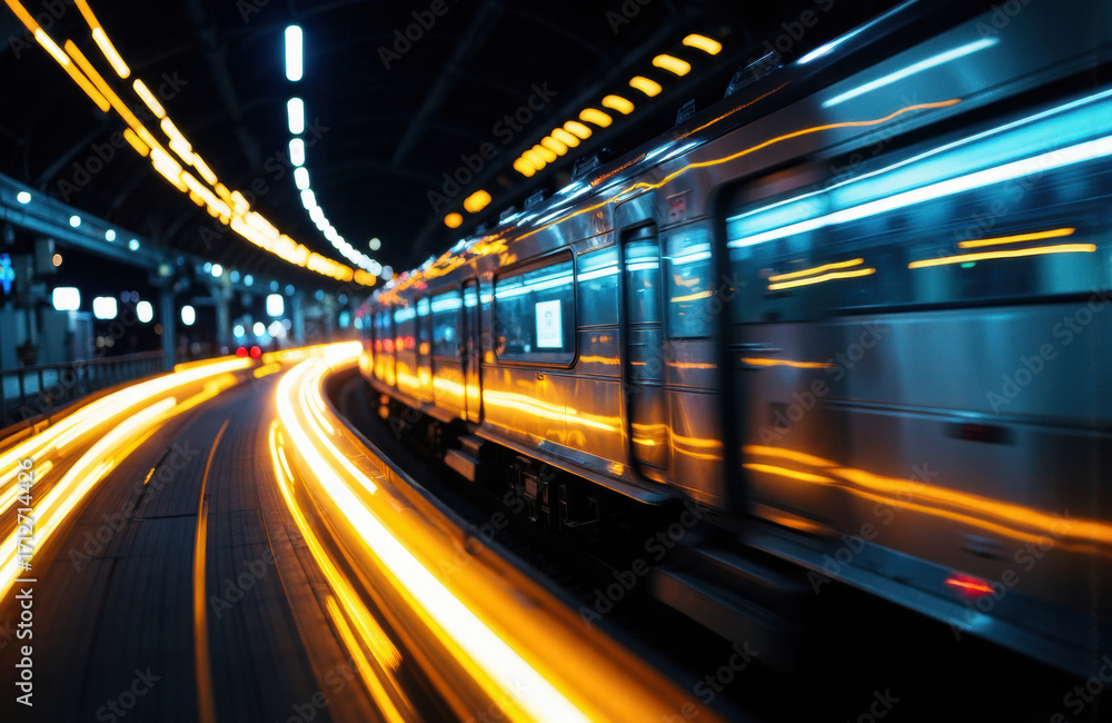 Aufkleber high-speed train moving through a tunnel with bright light trails creating a sense of motion