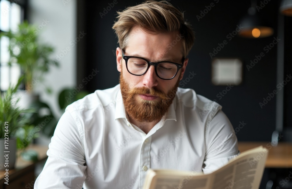 Poster man reading book in a modern indoor setting with natural light and greenery