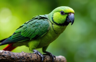 Fototapeta premium Colorful parrot perched on a branch in a lush green environment