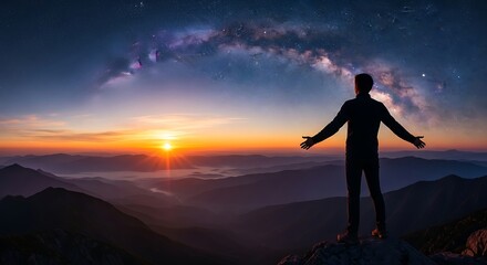 Silhouette of a man with open arms under a starry sky.