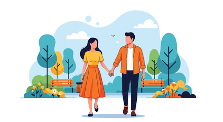 Flat style illustration of a young couple holding hands while walking in a park with trees, benches, and flowers, representing love, leisure, and togetherness in a peaceful outdoor setting
