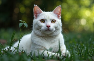 White cat lying on grass in a natural outdoor setting with blurred green foliage background