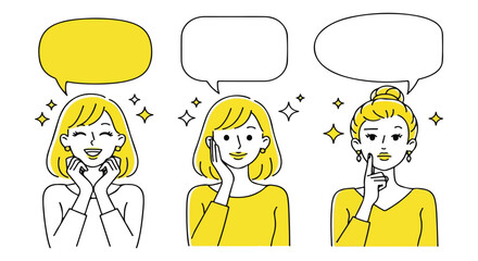Three Women Expressing Different Emotions with Speech Bubbles woman female