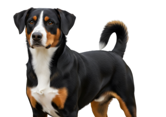 A beautiful, alert, and well-groomed Greater Swiss Mountain Dog posing for a portrait.