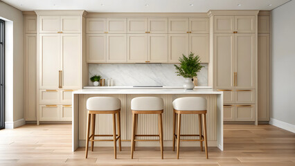 Fototapeta premium Modern minimalist kitchen with light wood floors and sleek cabinetry