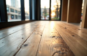A wooden floor with natural grain and texture illuminated by warm sunlight in an indoor setting