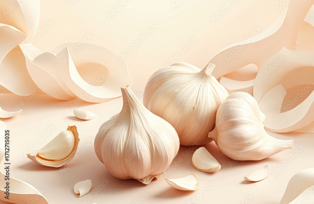 Poster garlic bulbs and cloves arranged on a light background with paper curls creating a minimalist compos