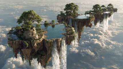 Surreal floating islands with lush trees and cascading waterfalls above a sea of clouds.