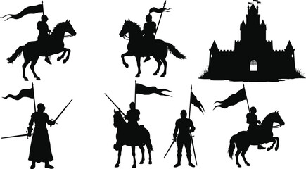Medieval knight silhouettes set featuring warriors on horseback with flags, swords, and a castle in vintage black vector illustration style for historical designs