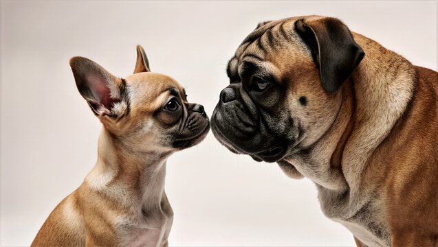 French Bulldog Puppy Facing Adult Bulldog Against Clean White Background Studio Close Up Generational Contrast Pet Portrait