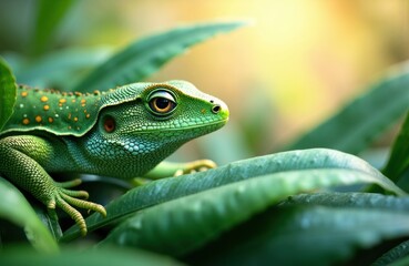 Fototapeta premium Green lizard resting on lush green leaves in natural sunlight