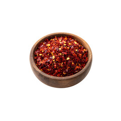Coarse red chili flakes in a wooden bowl isolated on a transparent background, in a PNG format