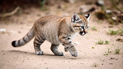 Fototapeta premium Young Cougar Cub Walking Across Sandy Terrain Blue Gray Eyes Spotted Coat Natural Habitat Wildlife Portrait