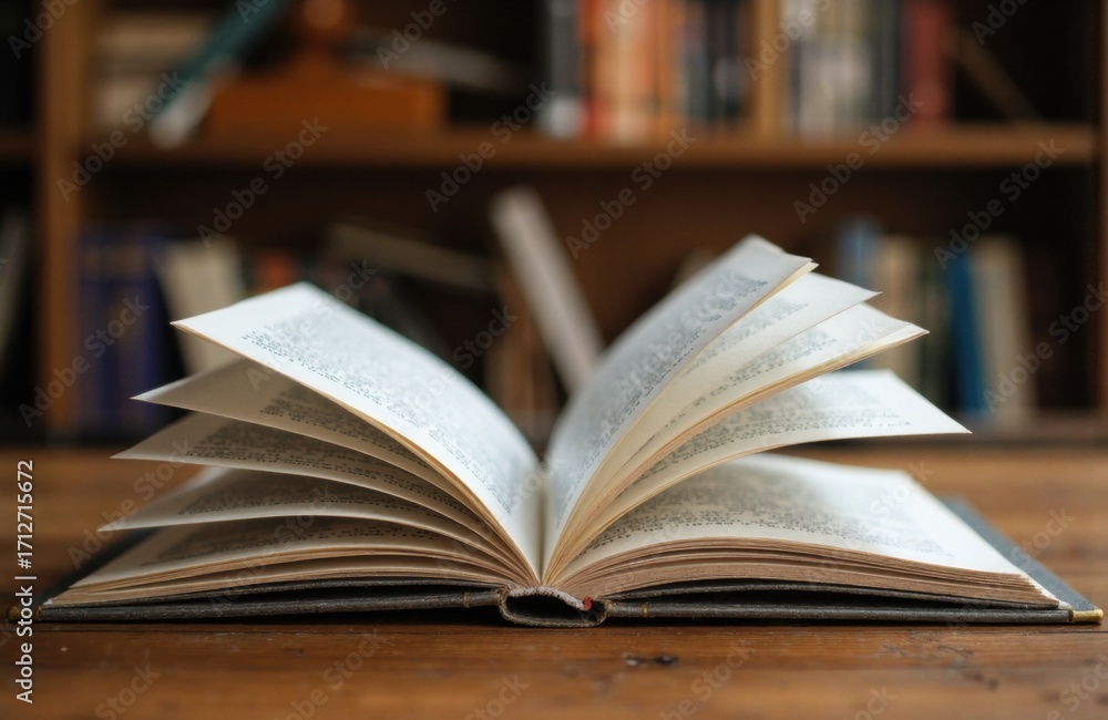 Poster open book with pages flipping on wooden table in a cozy library setting
