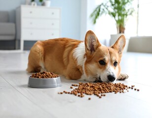 Sad dog lying on floor with spilled food bowl