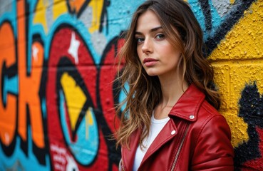 Fototapeta premium Woman with wavy hair standing against colorful graffiti wall