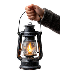 hand holding the handle of a vintage lantern with a glowing candle inside.  isolated on transparent background with clipping path.