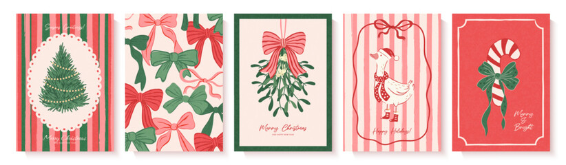 A charming collection of vintage Christmas cards featuring hand-drawn illustrations of a festive goose, bows, a Christmas tree, and mistletoe. Created in a retro style with a grainy texture
