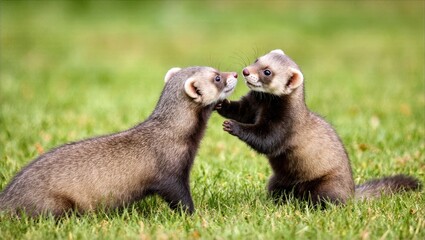 Obraz premium Two European Pine Martens Standing Face to Face in Lush Grass Playful Interaction Wildlife Encounter