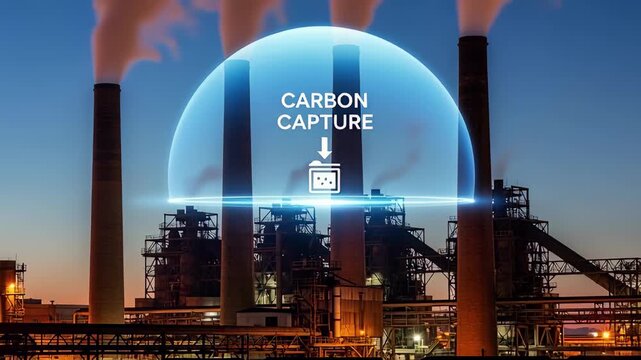 Industrial smokestacks emitting steam with futuristic carbon capture technology overlay symbolizing environmental solution
