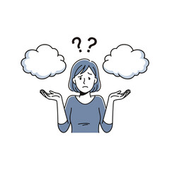 Woman Looking Confused with Question Marks and Clouds questioning doubt