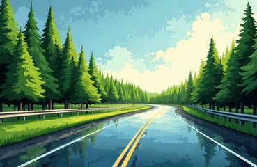 A scenic illustration of a winding road through a lush green forest with tall pine trees and a bright sky