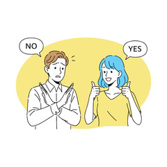 Woman Says Yes with Thumbs Up and Man Says No with Crossed Arms agreement