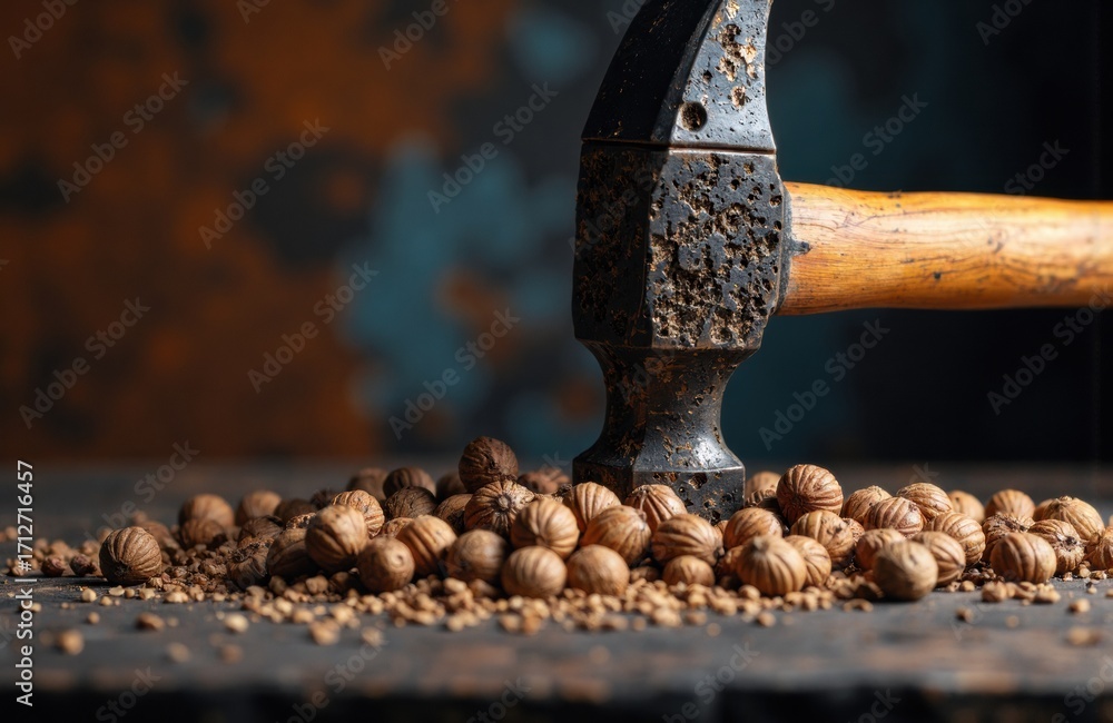 Aufkleber a close-up of a hammer striking walnuts and scattered shells on a rustic wooden surface